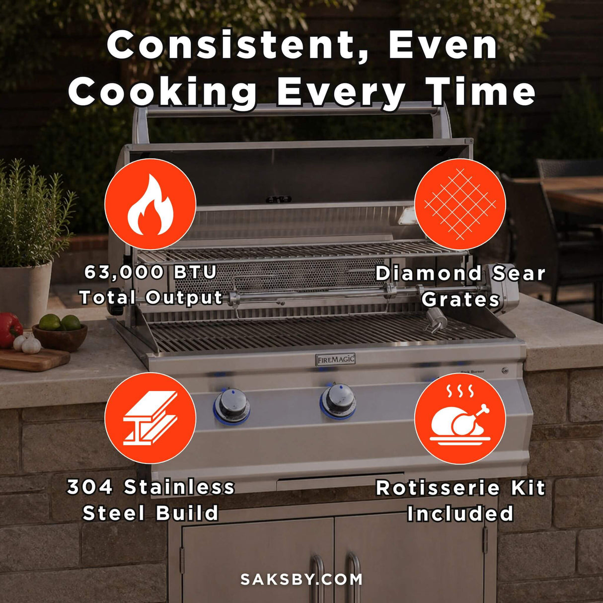Fire Magic Aurora Multi-User Built-In Grill With Analog Thermometer & Rotisserie Kit, 30" [A540I-8EAN/P]