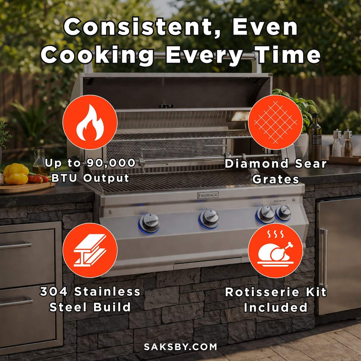 Fire Magic Aurora Multi-User Built-In Grill With Analog Thermometer & Rotisserie Kit, 36" [A790I-8EAN/P]