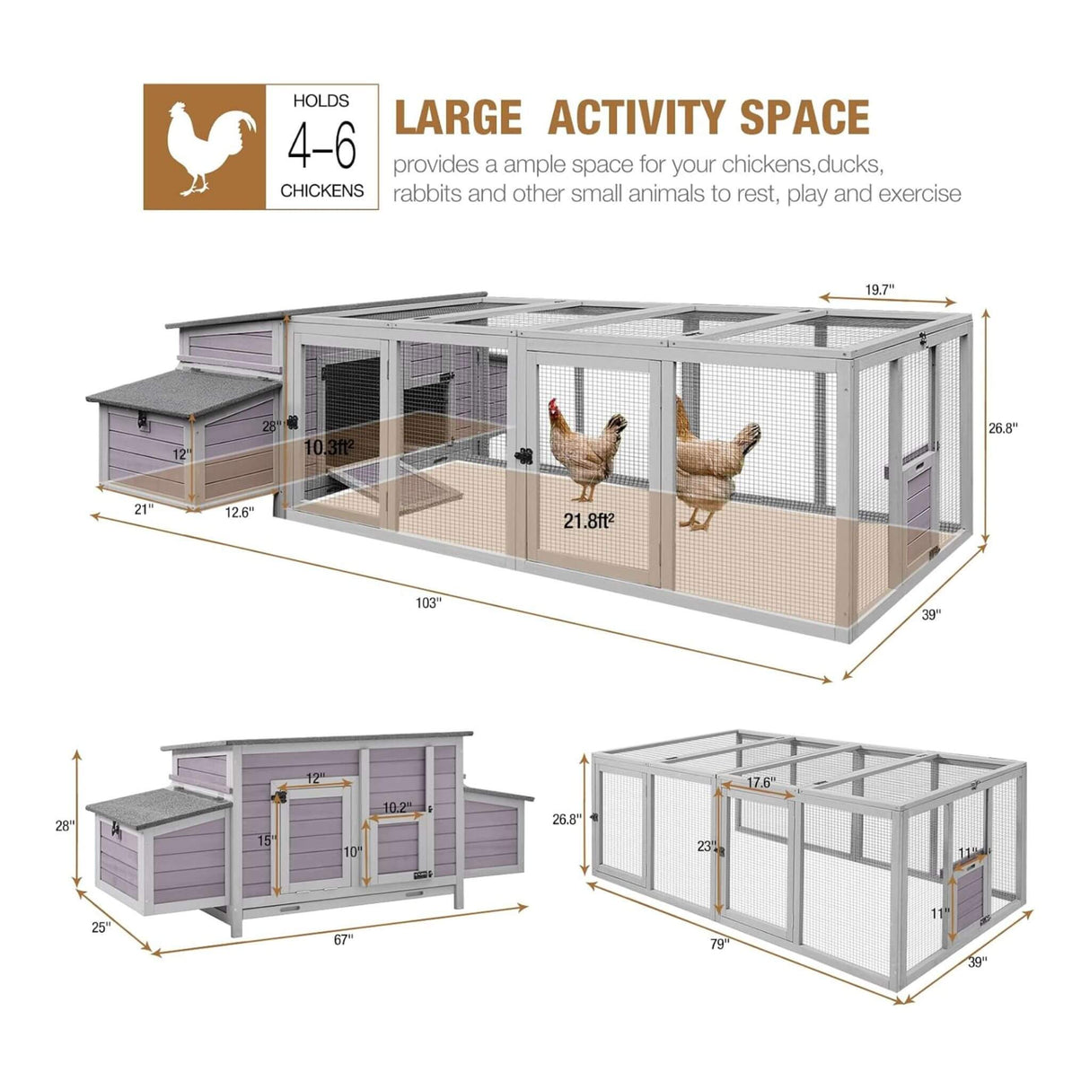 Large 103-Inch Outdoor Chicken Coop House With Run And Nesting Box [4-6 Chickens] (SAK53194)