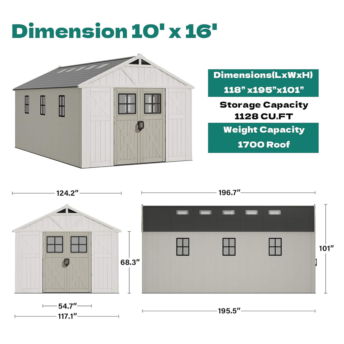 Alora Large Resin Outdoor Storage Shed With Floor, Windows, And Lockable Door