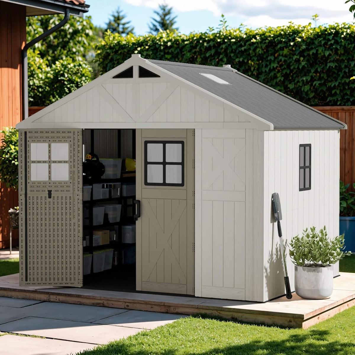 Alora Large Resin Outdoor Storage Shed With Floor, Windows, And Lockable Door