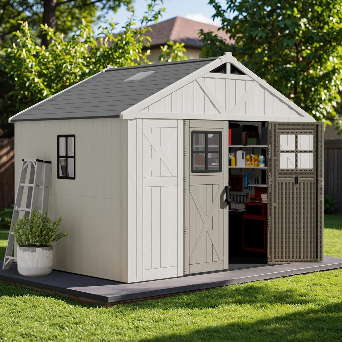 Alora Large Resin Outdoor Storage Shed With Floor, Windows, And Lockable Door