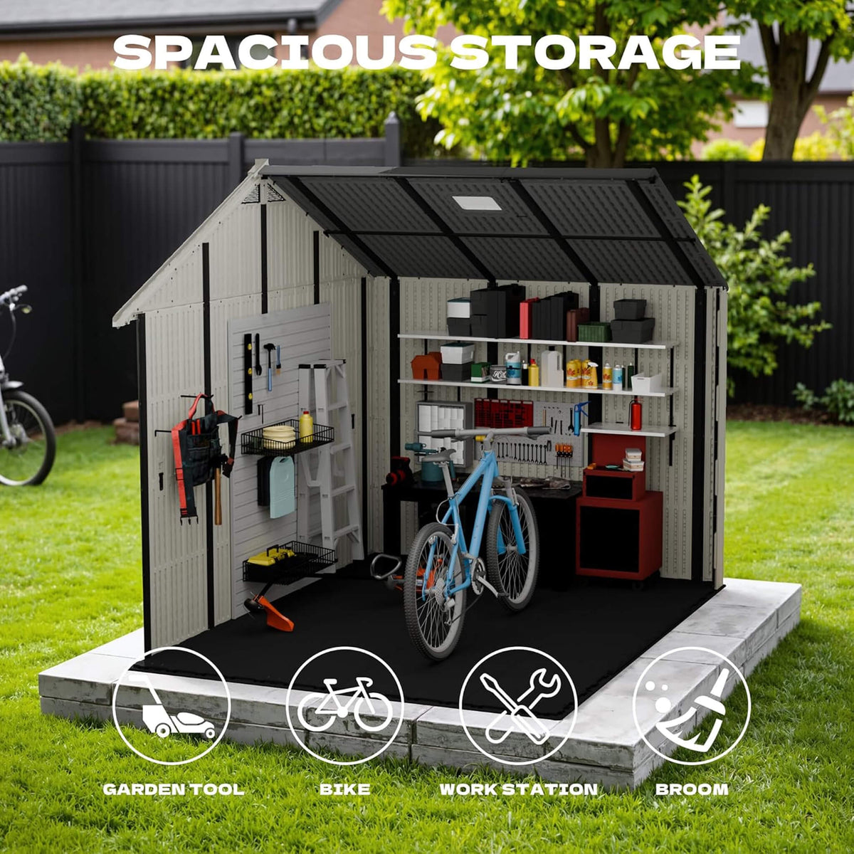 Alora Large Resin Outdoor Storage Shed With Floor, Windows, And Lockable Door