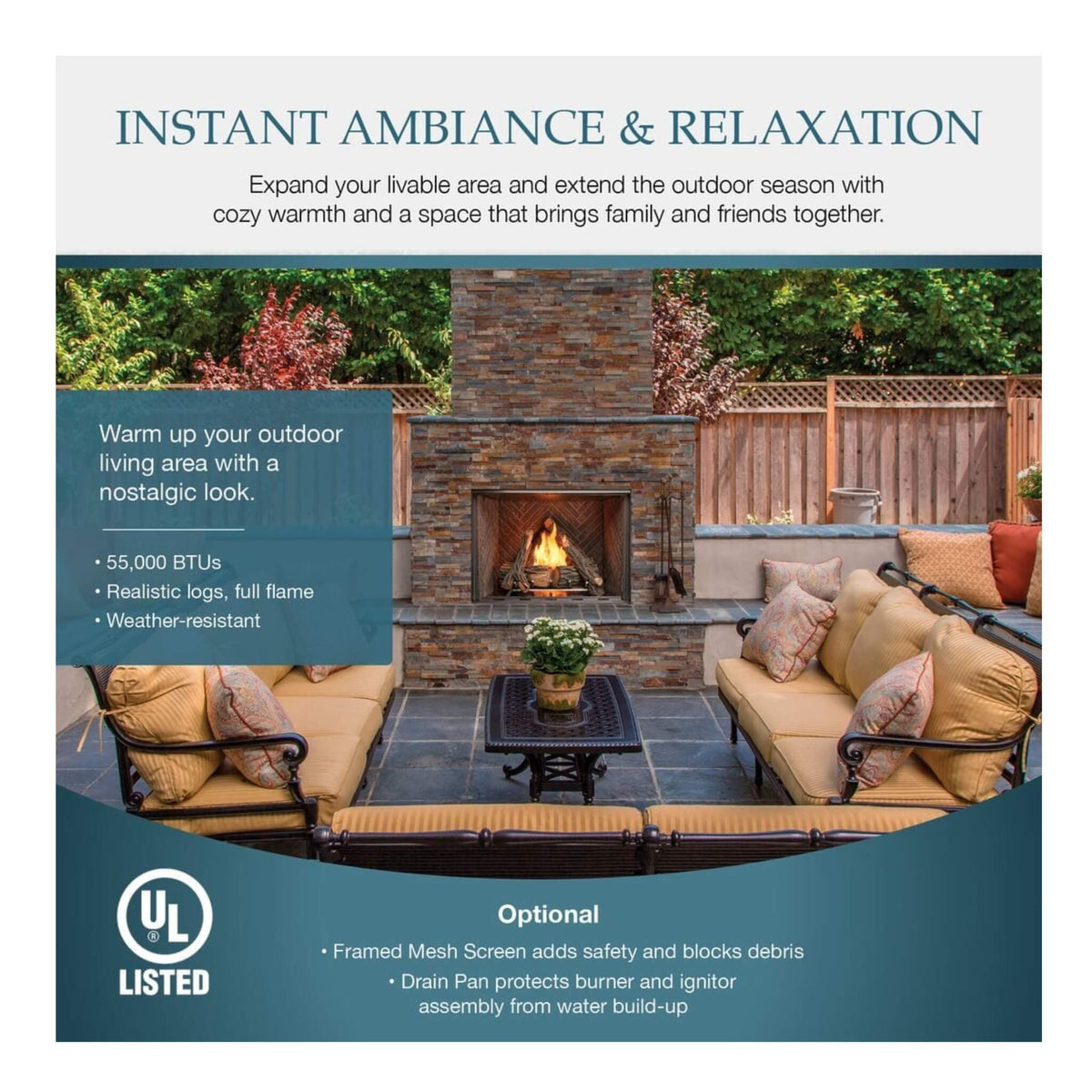 Majestic Courtyard 55K BTU 36-Inch Traditional Outdoor Natural Gas Fireplace (No Refractory) [ODCOUG-36NR]
