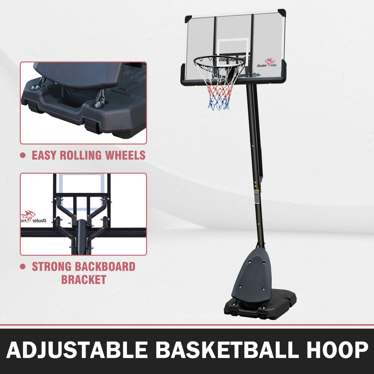 Portable Outdoor All-Weather Height Adjustable Basketball Hoop With 44-Inch Backboard And Wheels, 10FT