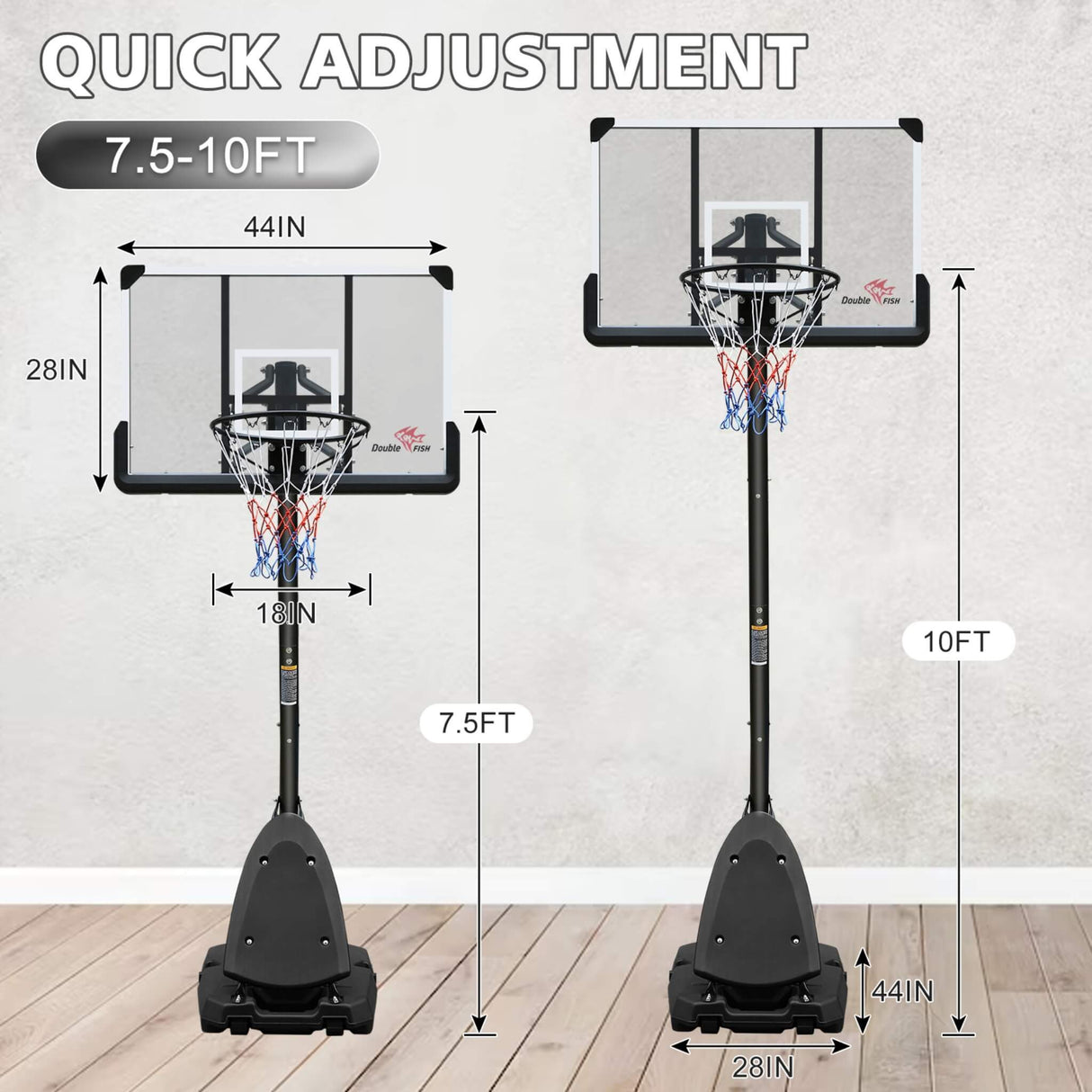 Portable Outdoor All-Weather Height Adjustable Basketball Hoop With 44-Inch Backboard And Wheels, 10FT