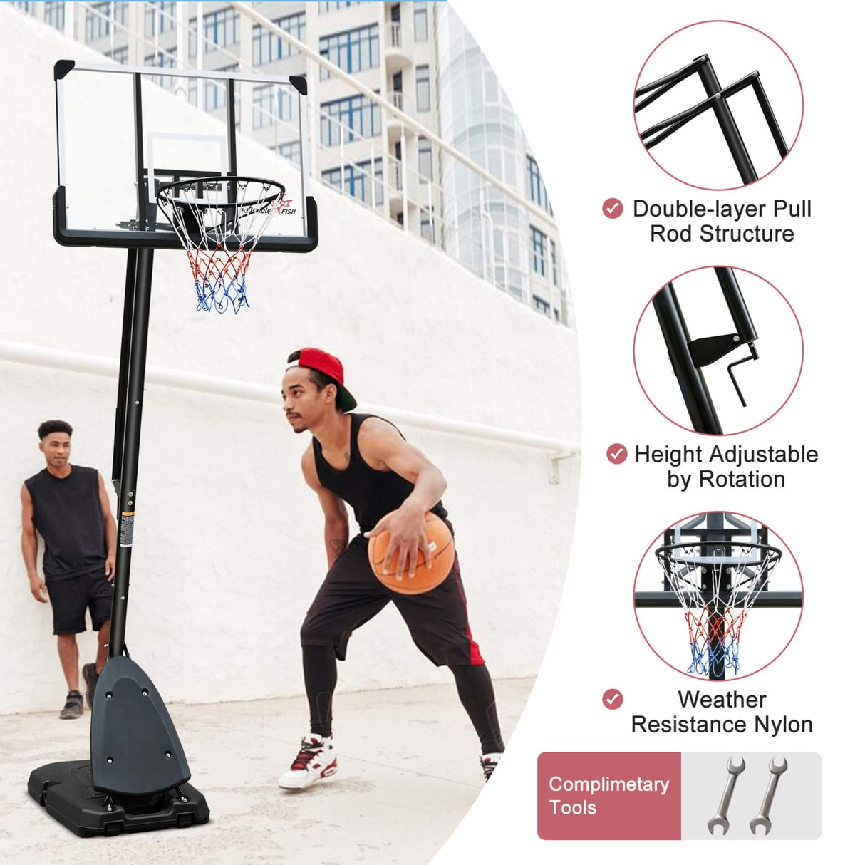 Portable Outdoor All-Weather Height Adjustable Basketball Hoop With 44-Inch Backboard And Wheels, 10FT