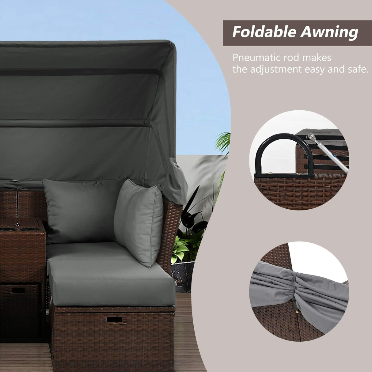 Alora Premium Outdoor 2-Seater Patio Daybed With Foldable Awning, Cushions, And Rattan Frame (SAK90233)