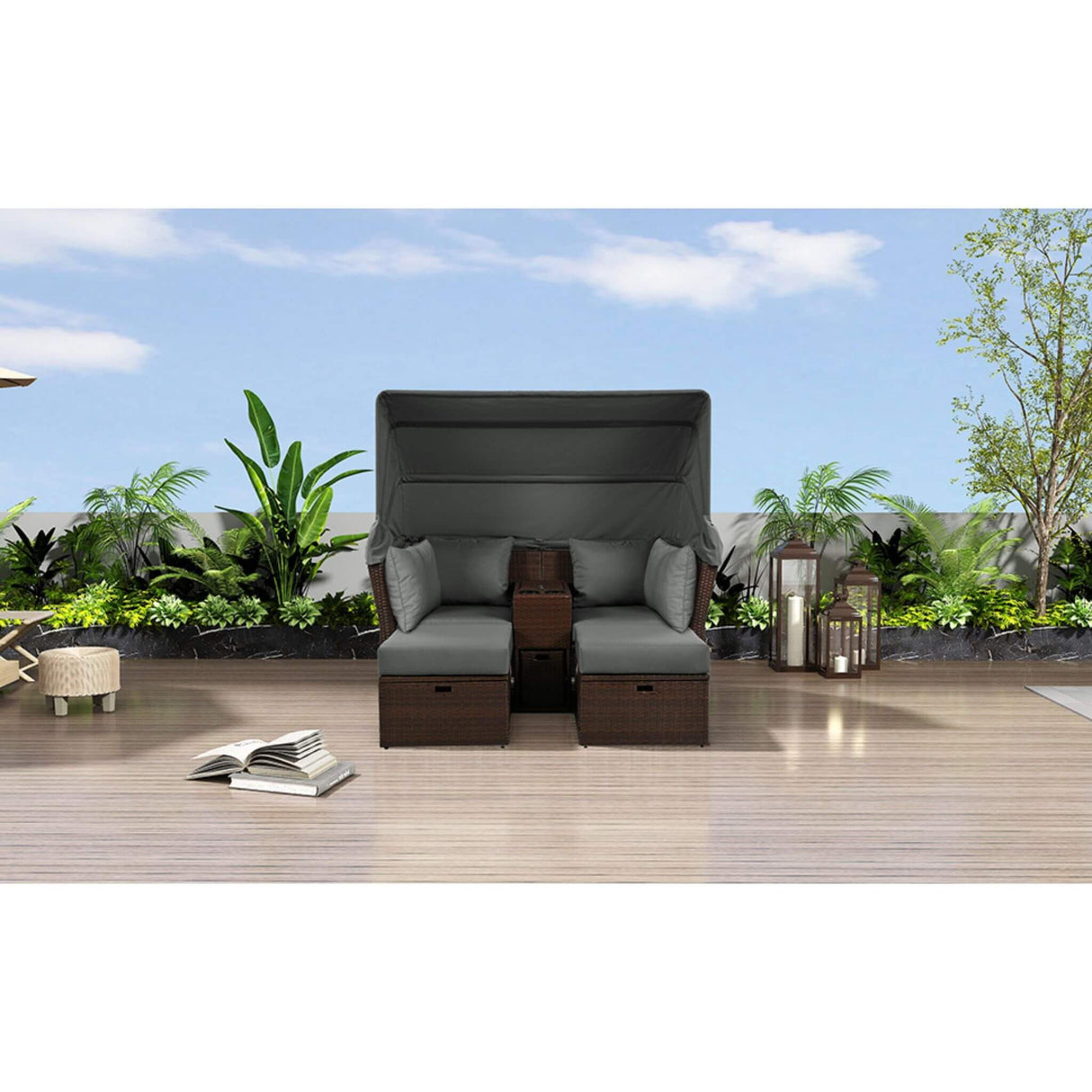 Alora Premium Outdoor 2-Seater Patio Daybed With Foldable Awning, Cushions, And Rattan Frame (SAK90233)