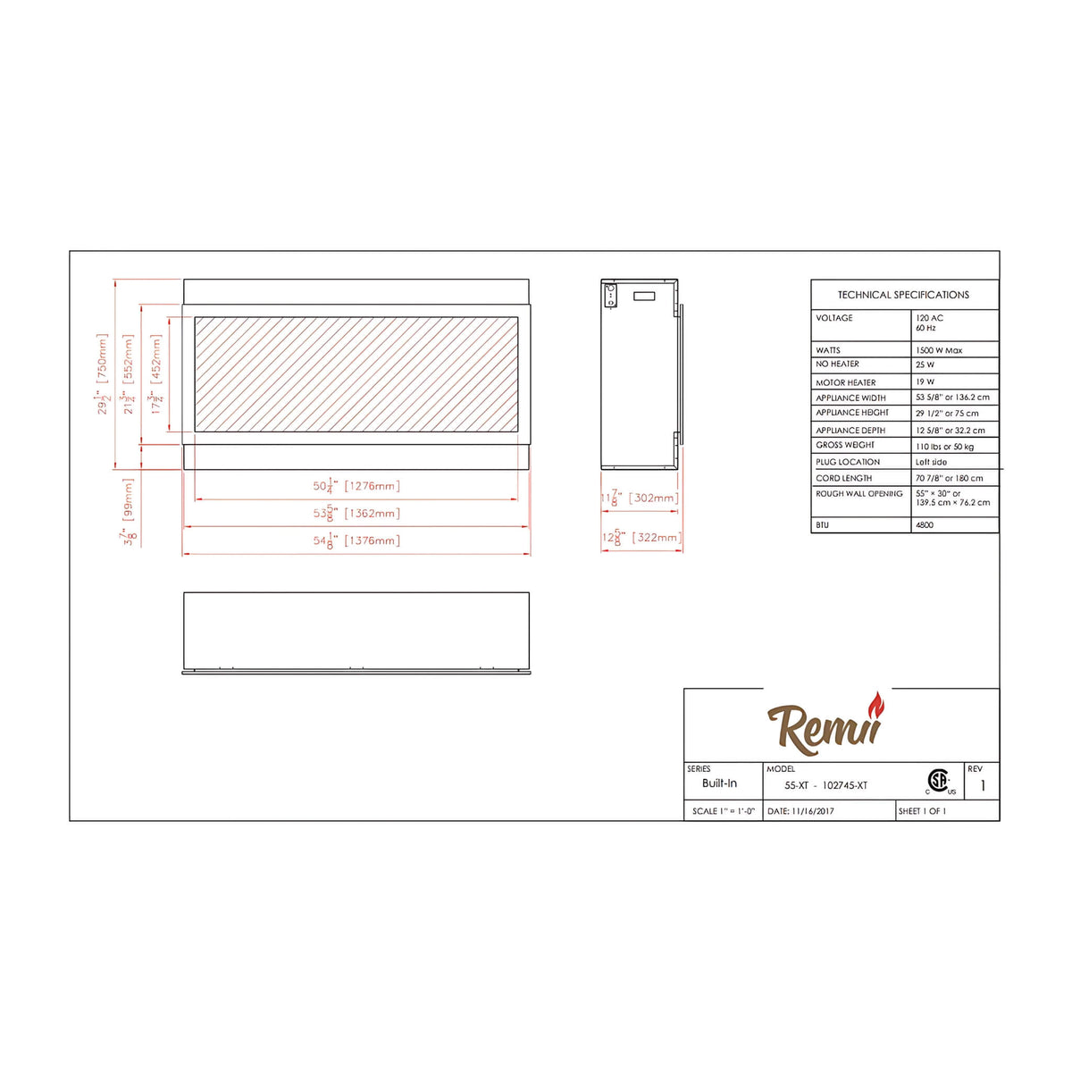 Remii Extra Tall 55" Electric Fireplace With Remote Control [102755-XT]